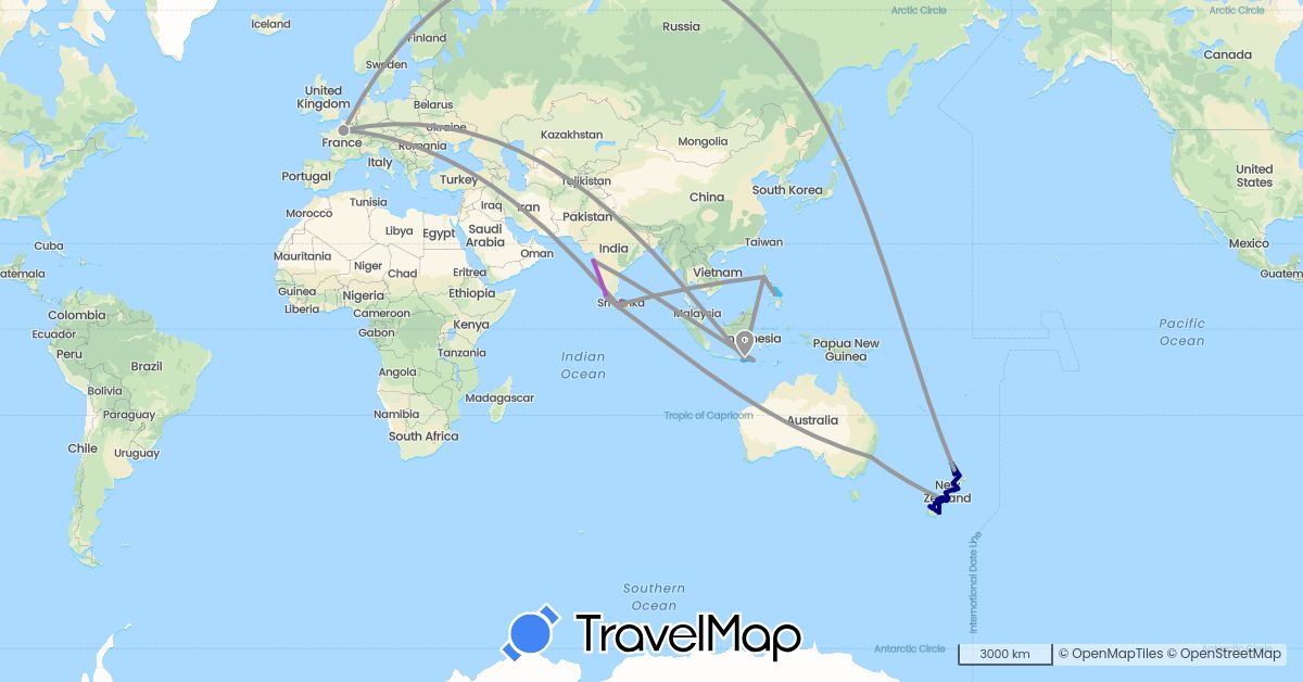 TravelMap itinerary: driving, bus, plane, train, boat, motorbike, tuktuk in Australia, France, Indonesia, India, Sri Lanka, New Zealand, Philippines (Asia, Europe, Oceania)
